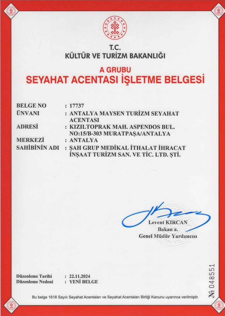 TURSAB Seyahat Acentası Belgesi